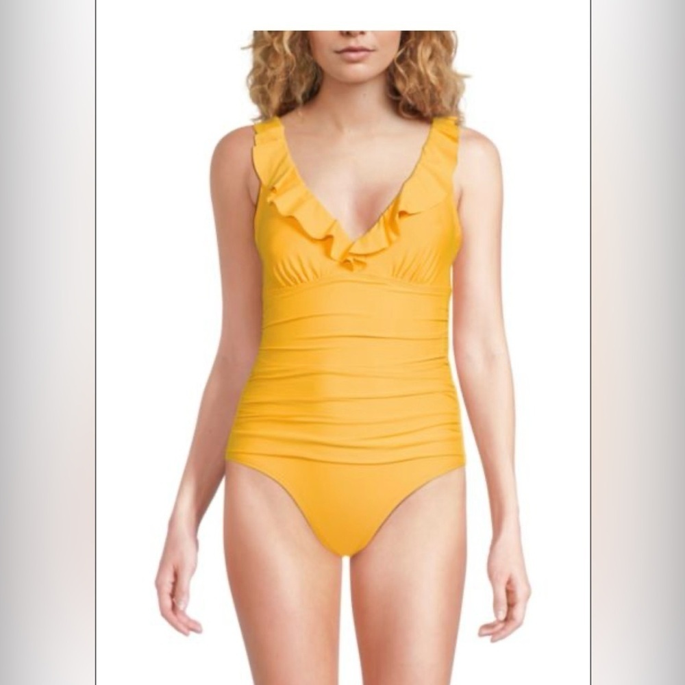 DKNY Yellow Ruffled One Piece Swimsuit - Picture 1 of 11